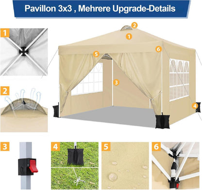 Pavillon 3x3 UV-Schutz 50+ Faltpavillon Wasserdicht Stabil Winterfest