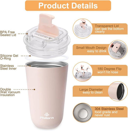 Thermobecher Kaffee to go Becher 380ml Rosa Edelstahl Deckel Lecksicher