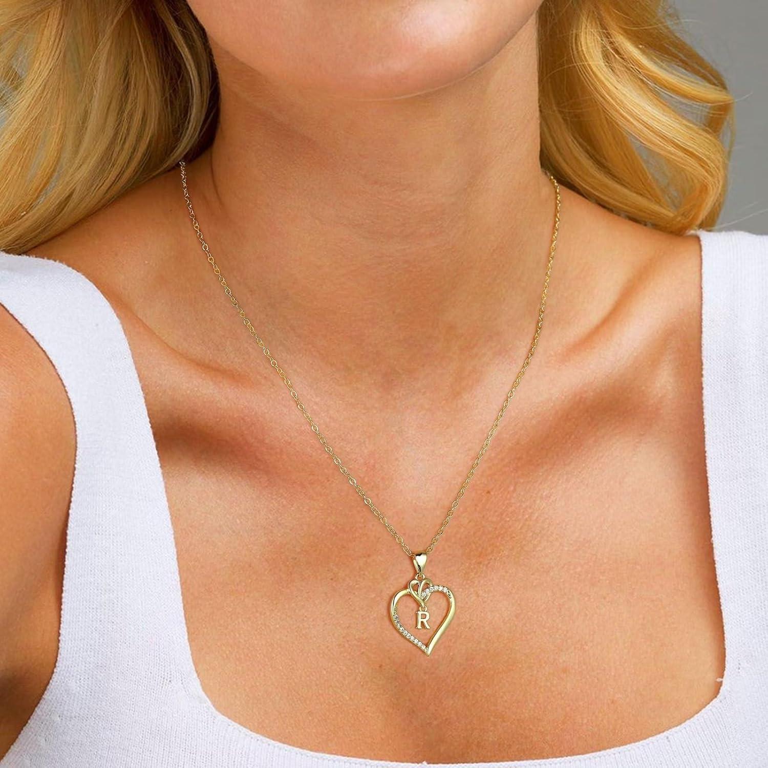 Herz Initial Halskette 14K Vergoldet Zirkonia Buchstaben Kette Gold