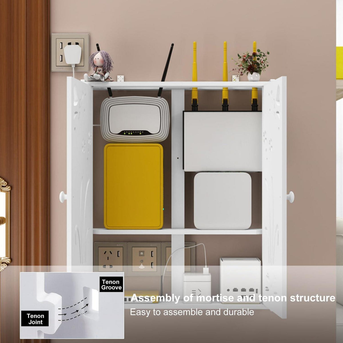Wandregal PVC für Router mit 2 Ebenen & Kabelmanagement