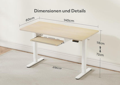 Höhenverstellbarer Schreibtisch Elektrisch Tastaturablage 140x60 Standing Desk