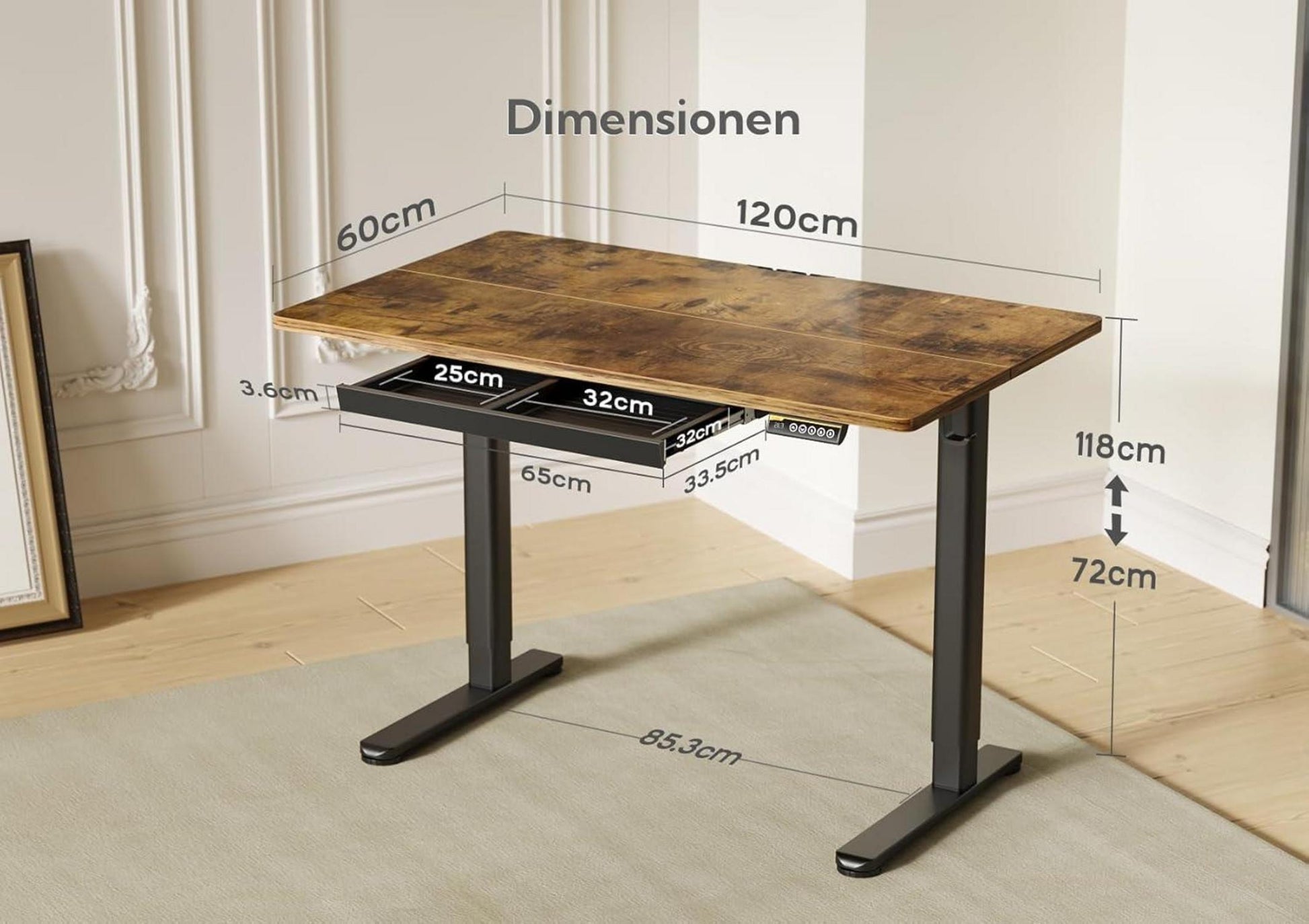 Höhenverstellbarer Schreibtisch mit Schublade, Elektrisch, 120x60