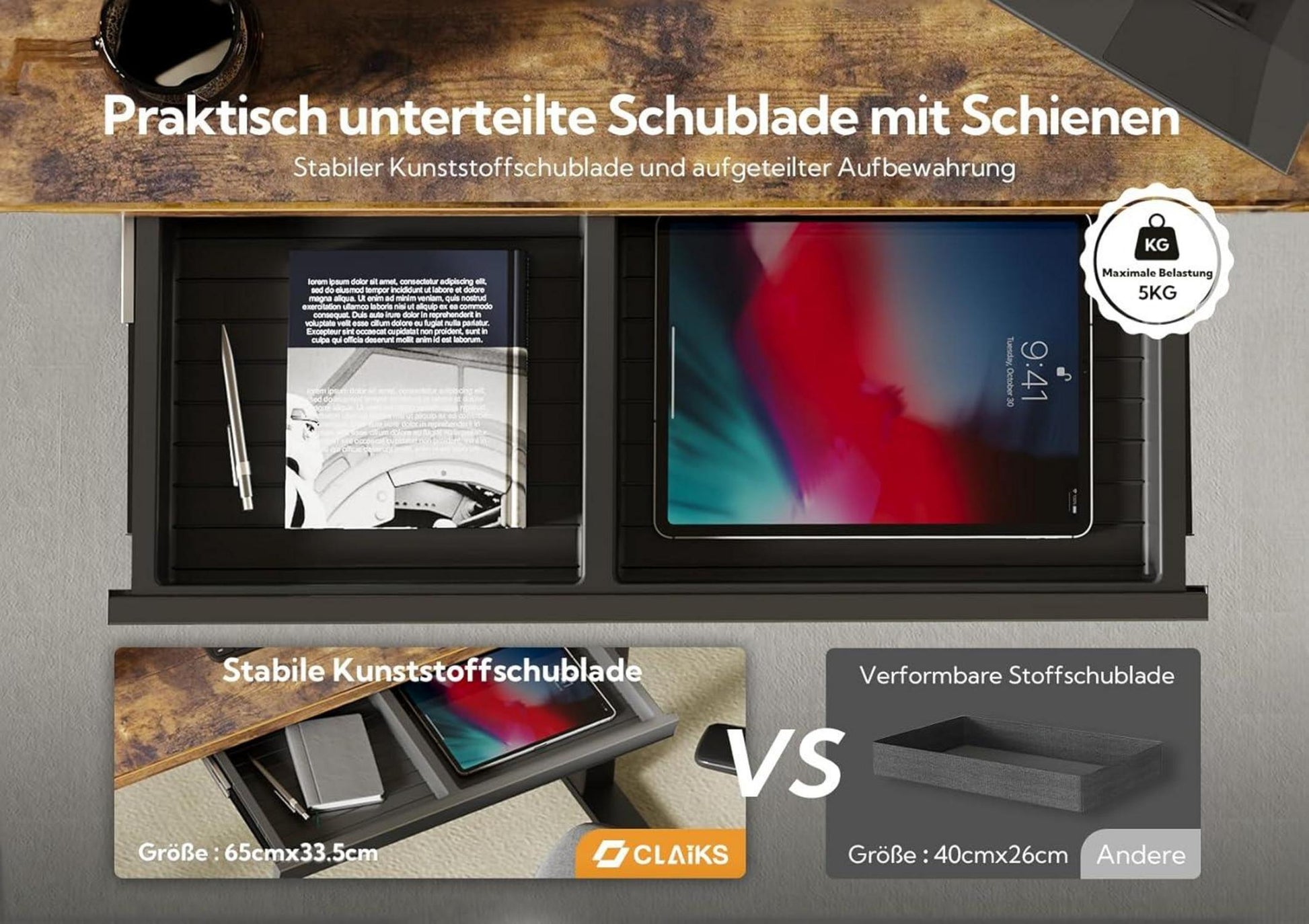 Höhenverstellbarer Schreibtisch mit Schublade, elektrisch, 120x60 cm, Schwarz/Vintage Braun