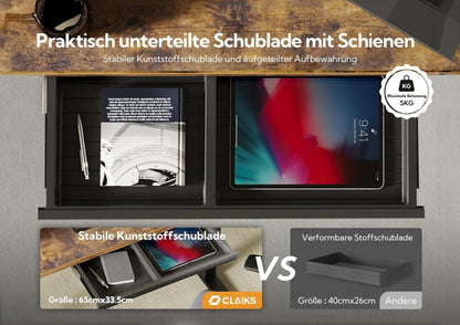 Höhenverstellbarer Schreibtisch mit Schublade, elektrisch, 120x60 cm, Schwarz/Vintage Braun