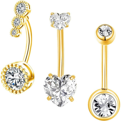 Bauchnabelpiercing 3er Set Edelstahl Zirkonia Gold 14mm