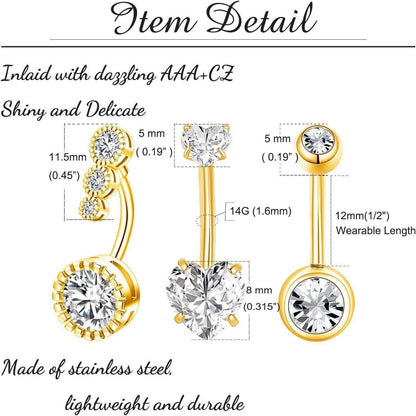Bauchnabelpiercing Set 3 Stück Chirurgenstahl Zirkonia Gold 12mm