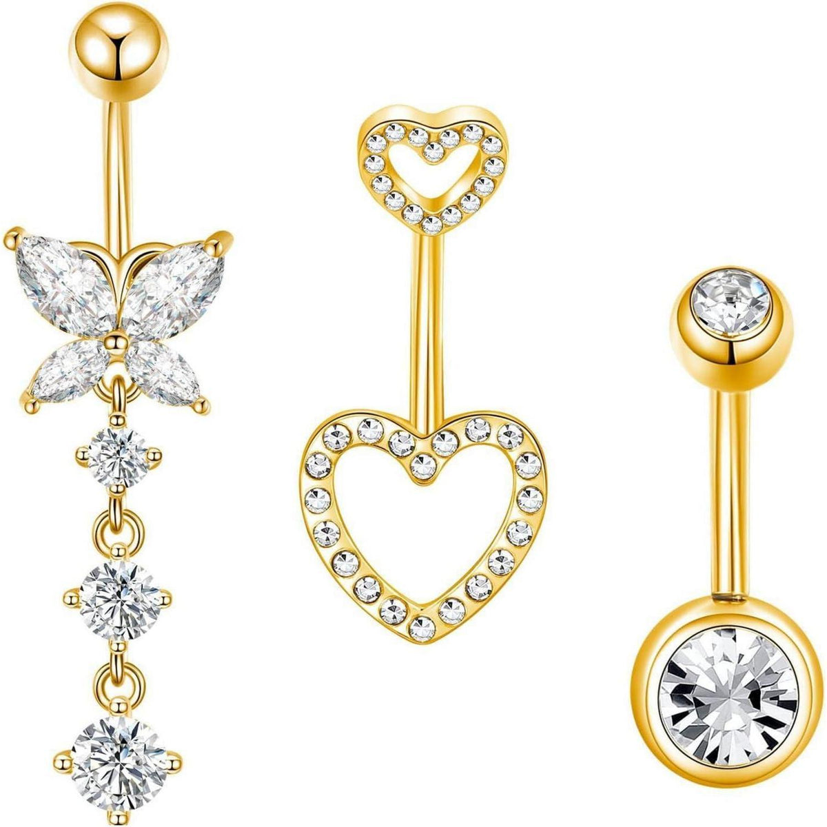 Bauchnabelpiercing 3er Set Chirurgenstahl 10mm Schmetterling Herz Gold