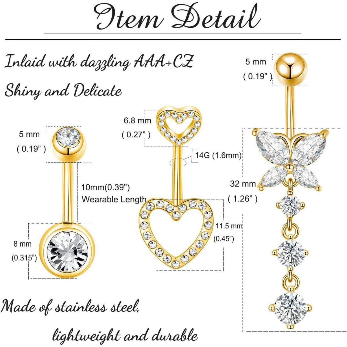 Bauchnabelpiercing 3er Set Chirurgenstahl 10mm Schmetterling Herz Gold