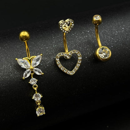 Bauchnabelpiercing 3er Set Chirurgenstahl 10mm Schmetterling Herz Gold