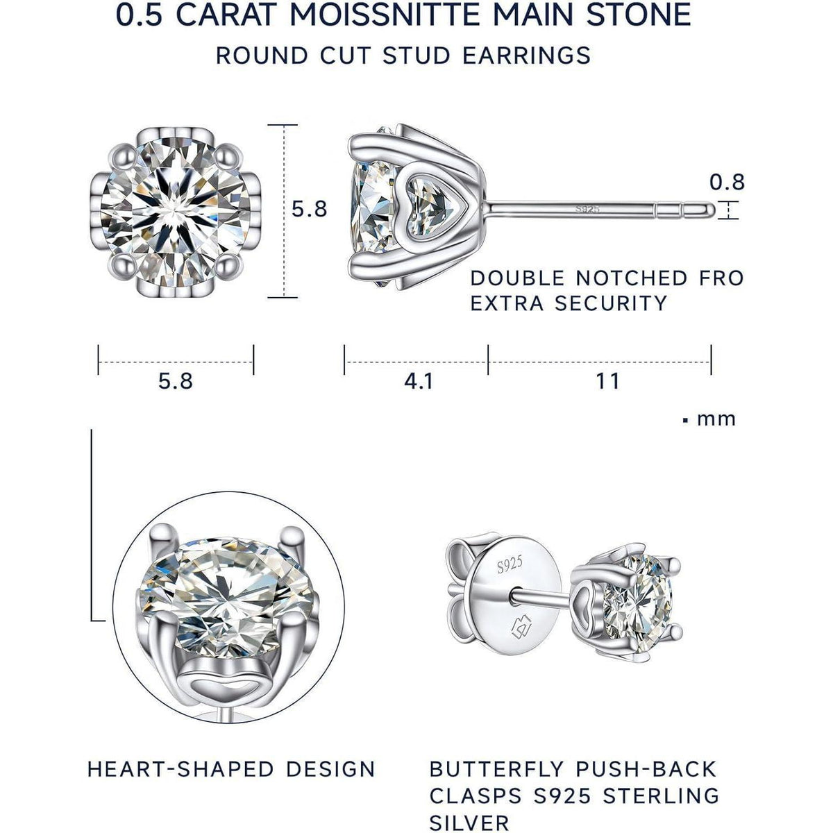 Moissanit Ohrstecker Silber 925 Herz 2 Karat 6.5mm Damen Geschenk