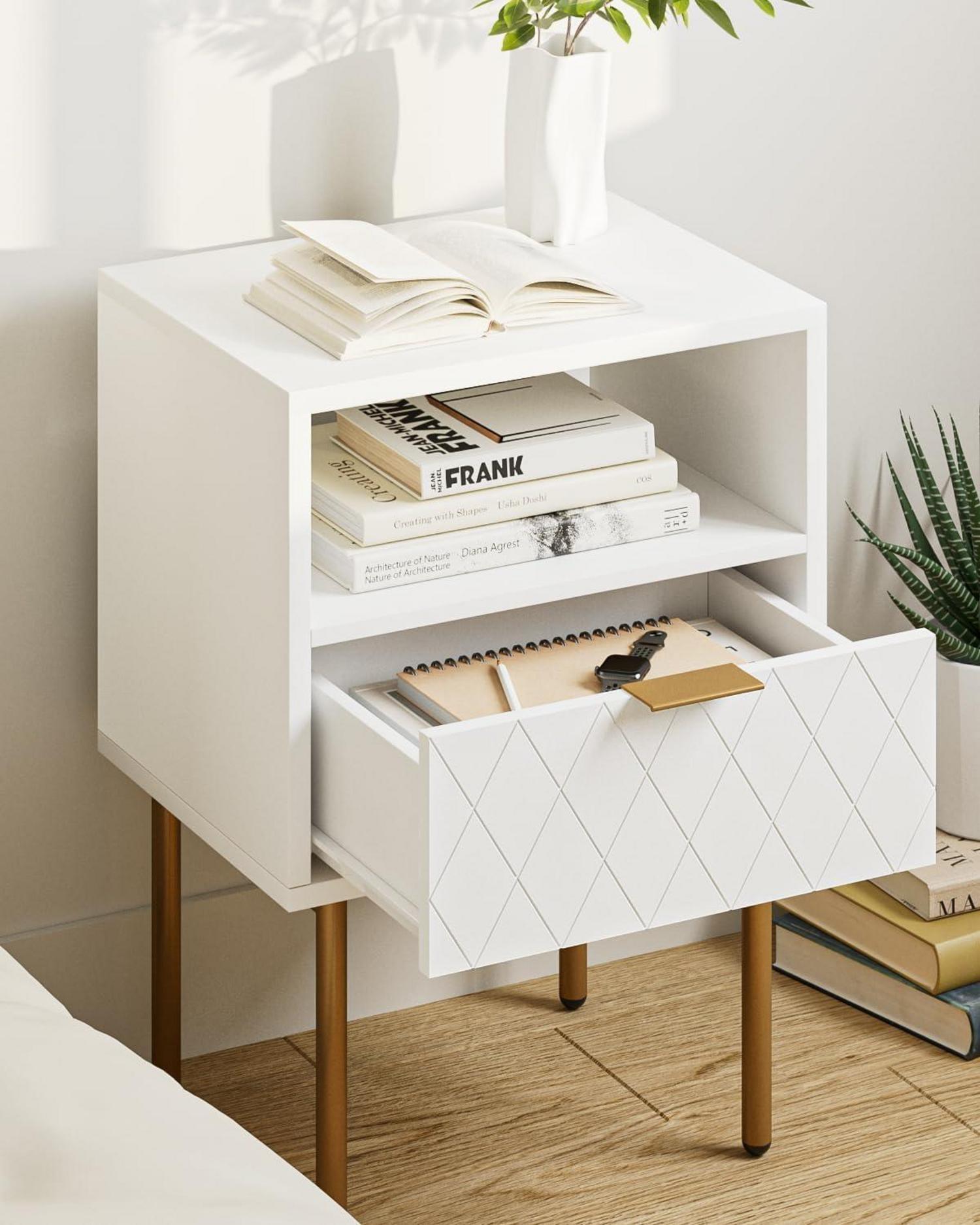 Nachttisch Weiß Gold 1 offene Ablage 1 Schublade Modern Boho OTTO