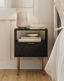 Nachttisch mit Schublade und offener Ablage, Modern Schwarz Gold