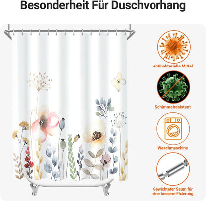 Duschvorhang Blumen 240x200cm Polyester Textil Wasserdicht 16 Ringe