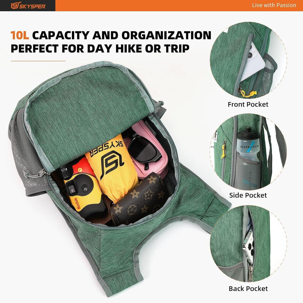 Faltbarer Tagesrucksack 10L für Wandern & Reisen, Grün