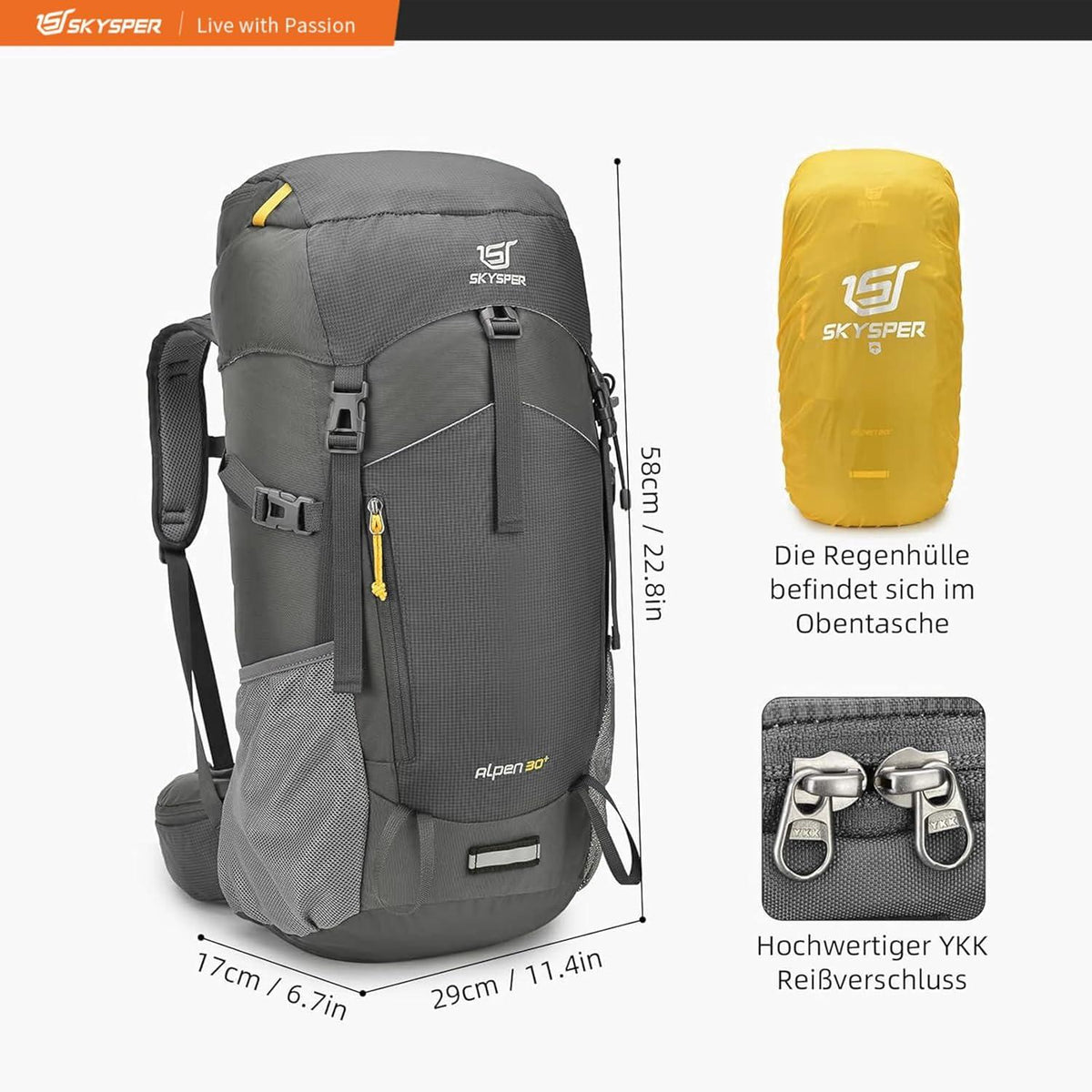 Wanderrucksack 30L Trekkingrucksack mit Rückenbelüftung und