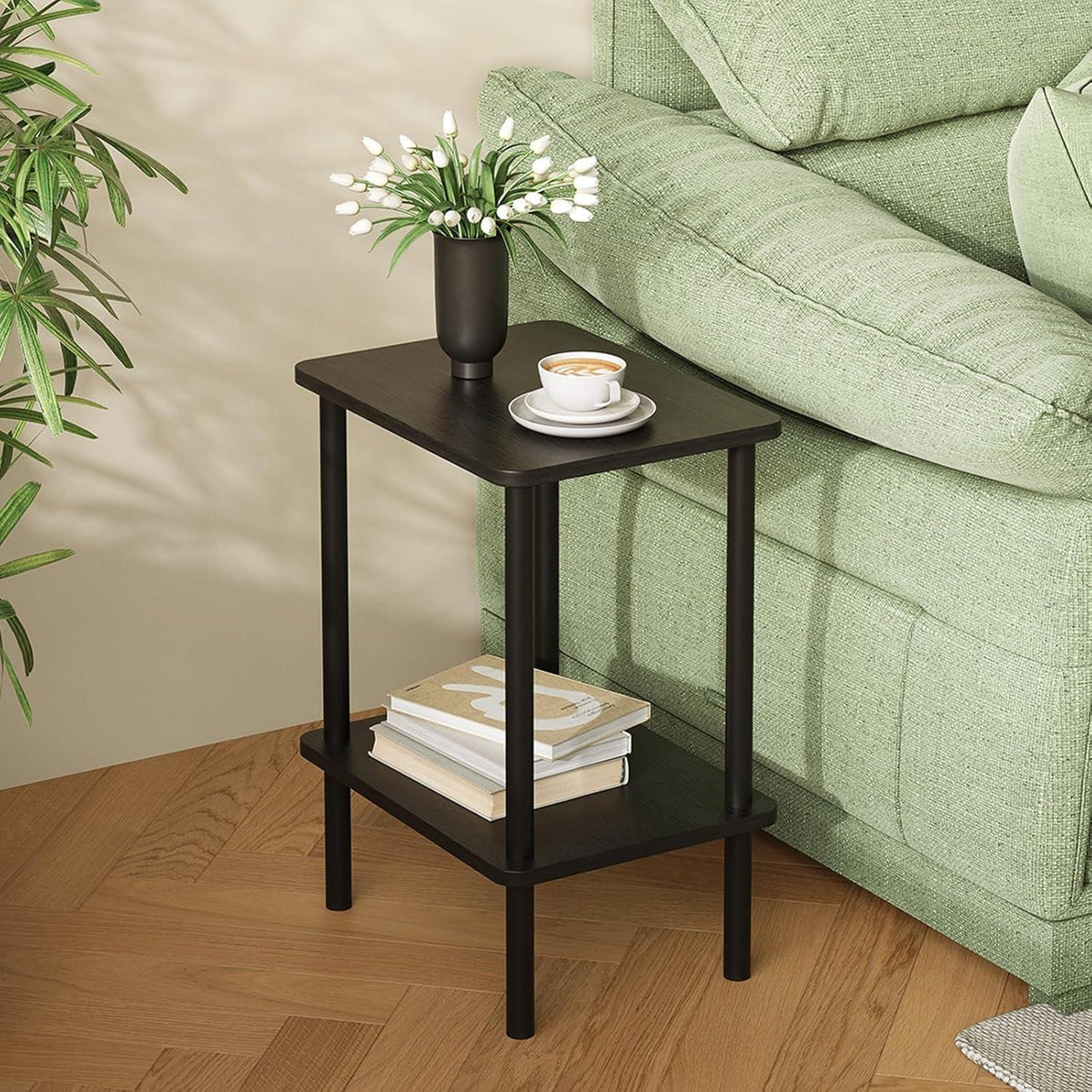 Beistelltisch Holz Schwarz 2 Tier Nachttisch Schmal 40x30x52cm