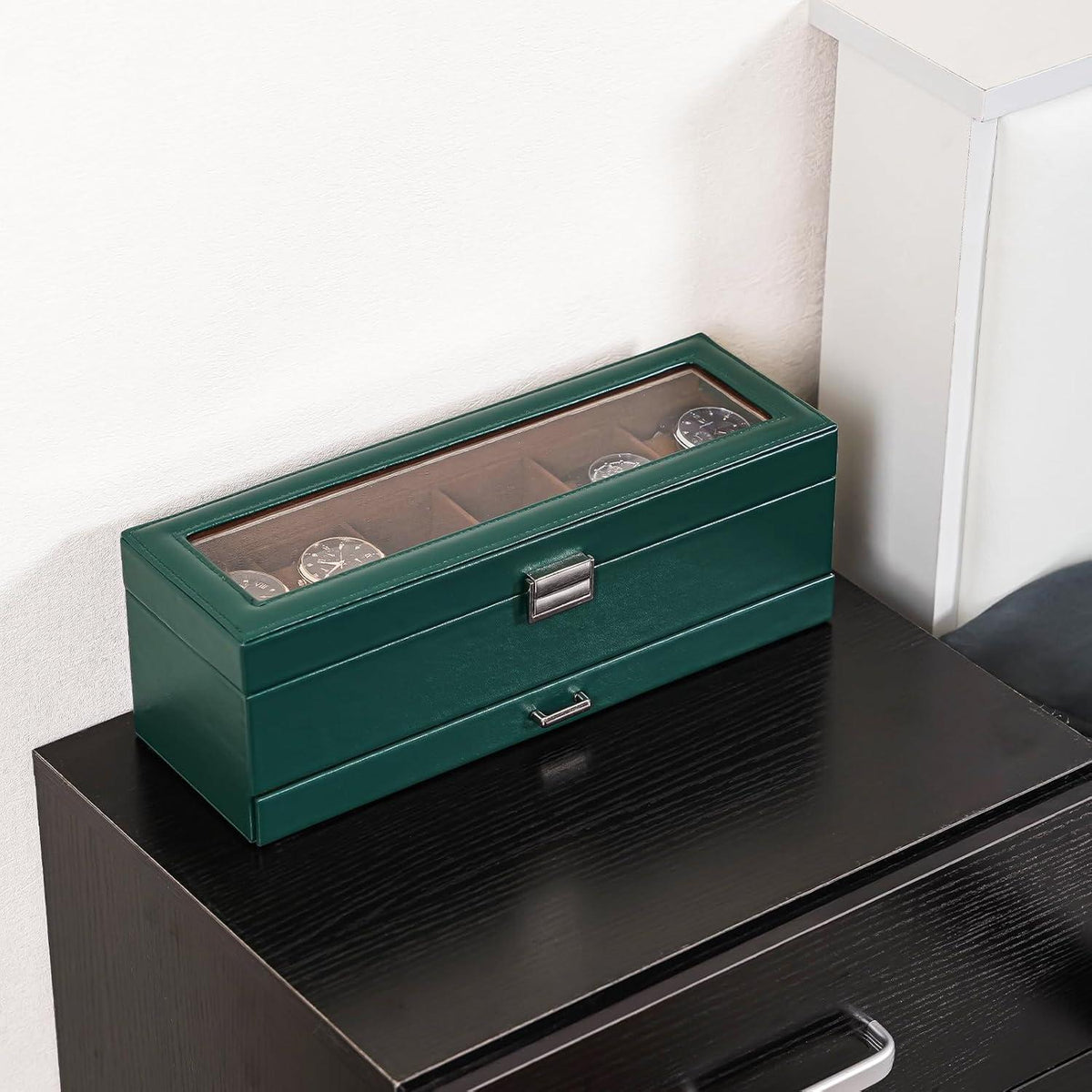 ProCase Uhrenbox mit 6 Fächern und Schublade, Grün