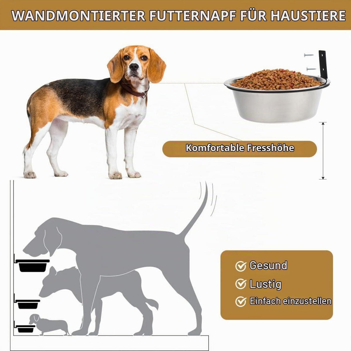 Wandmontierter Hundenapf Edelstahl, höhenverstellbar