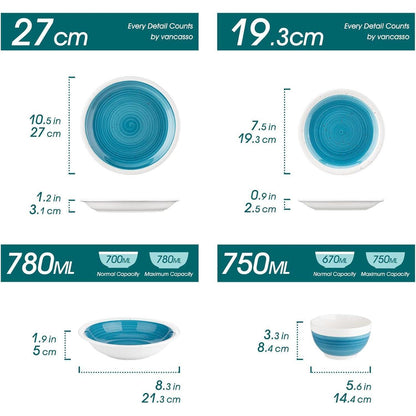 32-teiliges Steinzeug Geschirrset rund mit 8 Speise-, Dessert-, Müsli- und Pastatellern