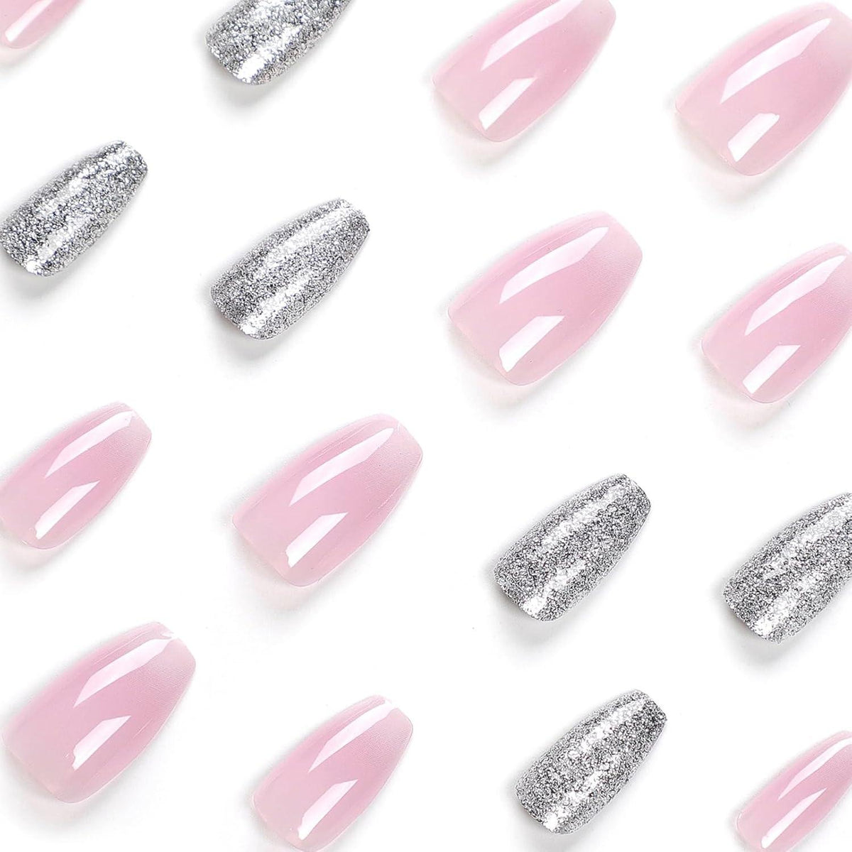 24 Stück Rosa Glänzende Eckige Press On Nägel mit Nagelkleber