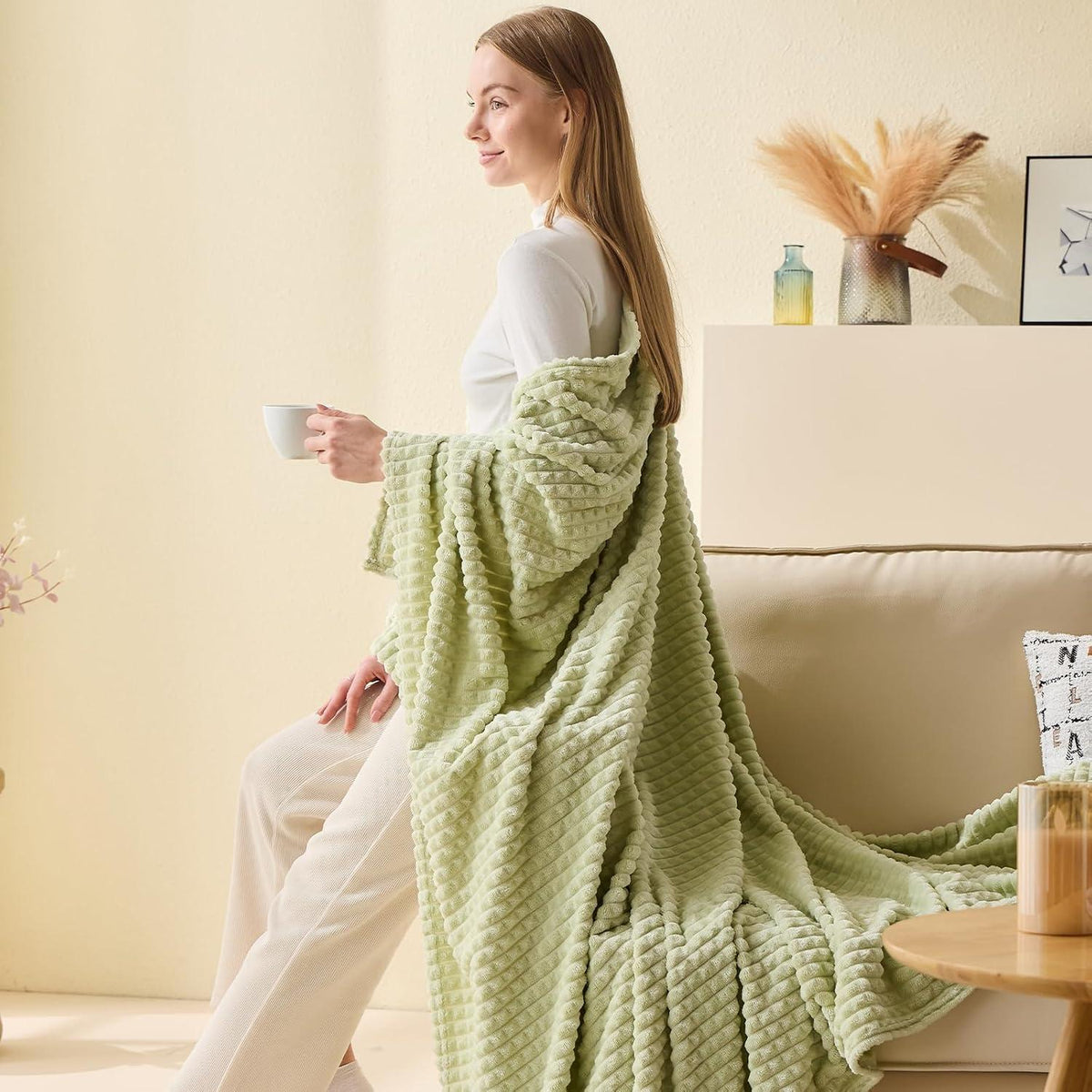 Kuscheldecke 3D-Touch Sherpa Flanell 150x200cm Avocado Grün