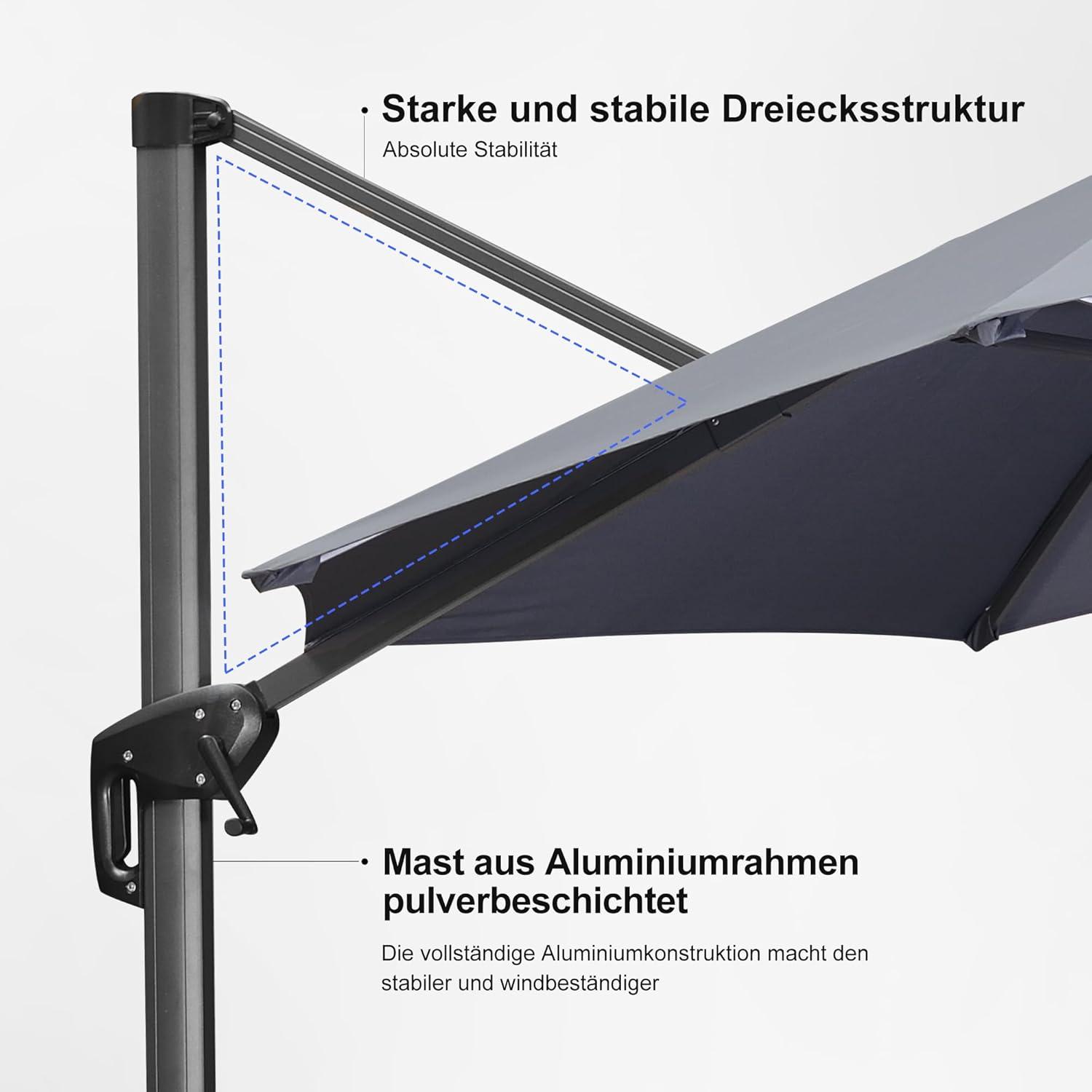 Rechteckiger Sonnenschirm 300x400 cm, Aluminium, Kurbel, 360° Rotation, UV-beständig, Grau