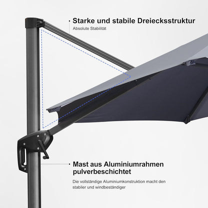 Rechteckiger Sonnenschirm 300x400 cm, Aluminium, Kurbel, 360° Rotation, UV-beständig, Grau