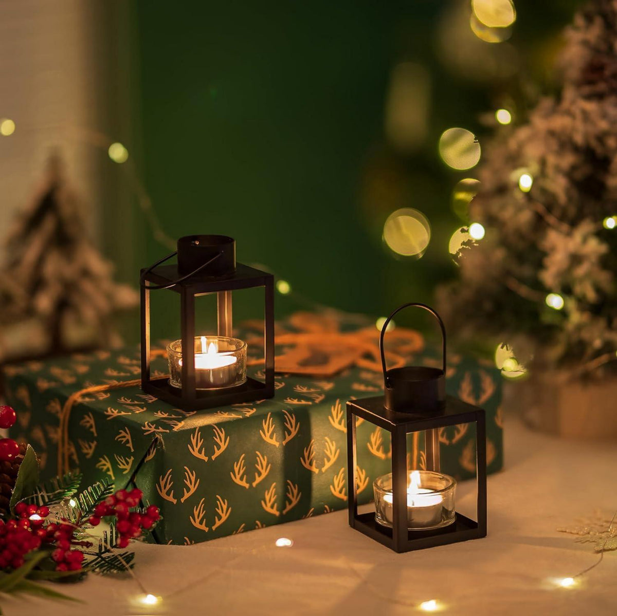 Romadedi Kleine Teelicht Laterne Schwarz 2er Set Metall Deko für Outdoor Weihnachten