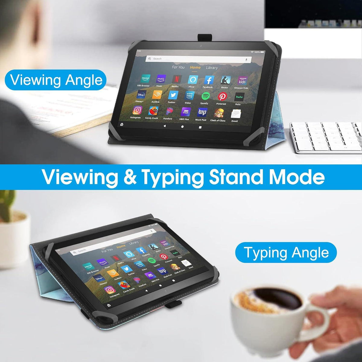 Universelle Tablettenhülle 7-8 Zoll mit Ständer, Handschlaufe - Blau Marmor