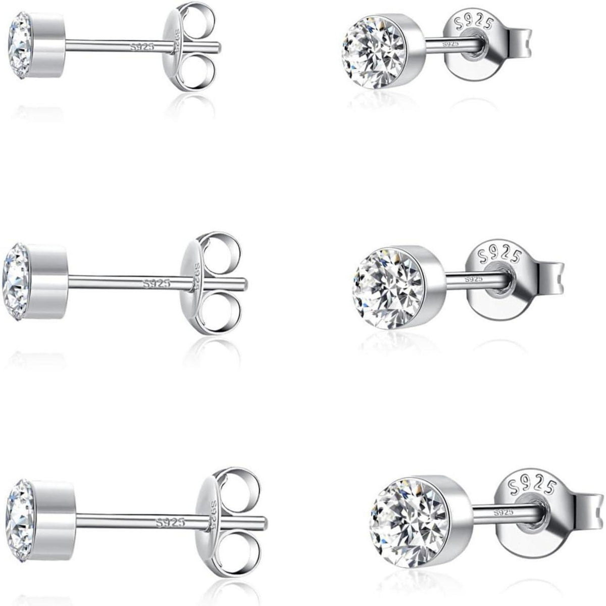 925 Sterling Silber Ohrstecker Set Damen, Zirkonia, 2/3/4mm