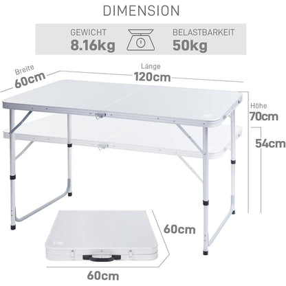 Klapptisch Aluminium höhenverstellbar mit Stauraum 120x60cm