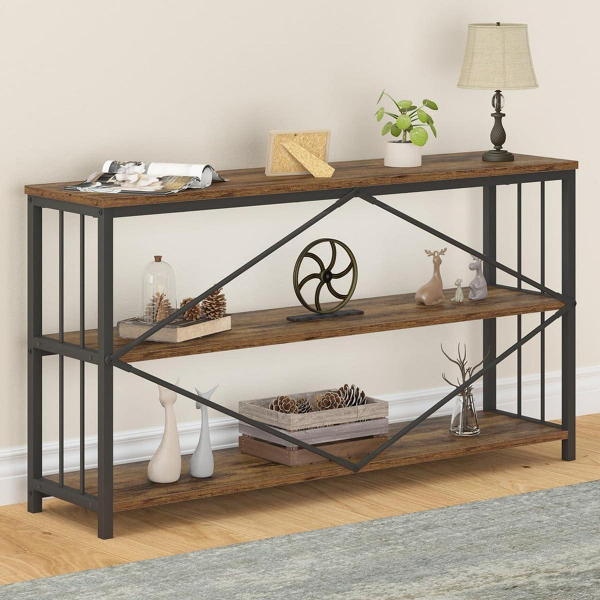 LVB Konsolentisch Schwarz Holz 3 Ebenen Bücherregal Stauraum 140x34x74 cm