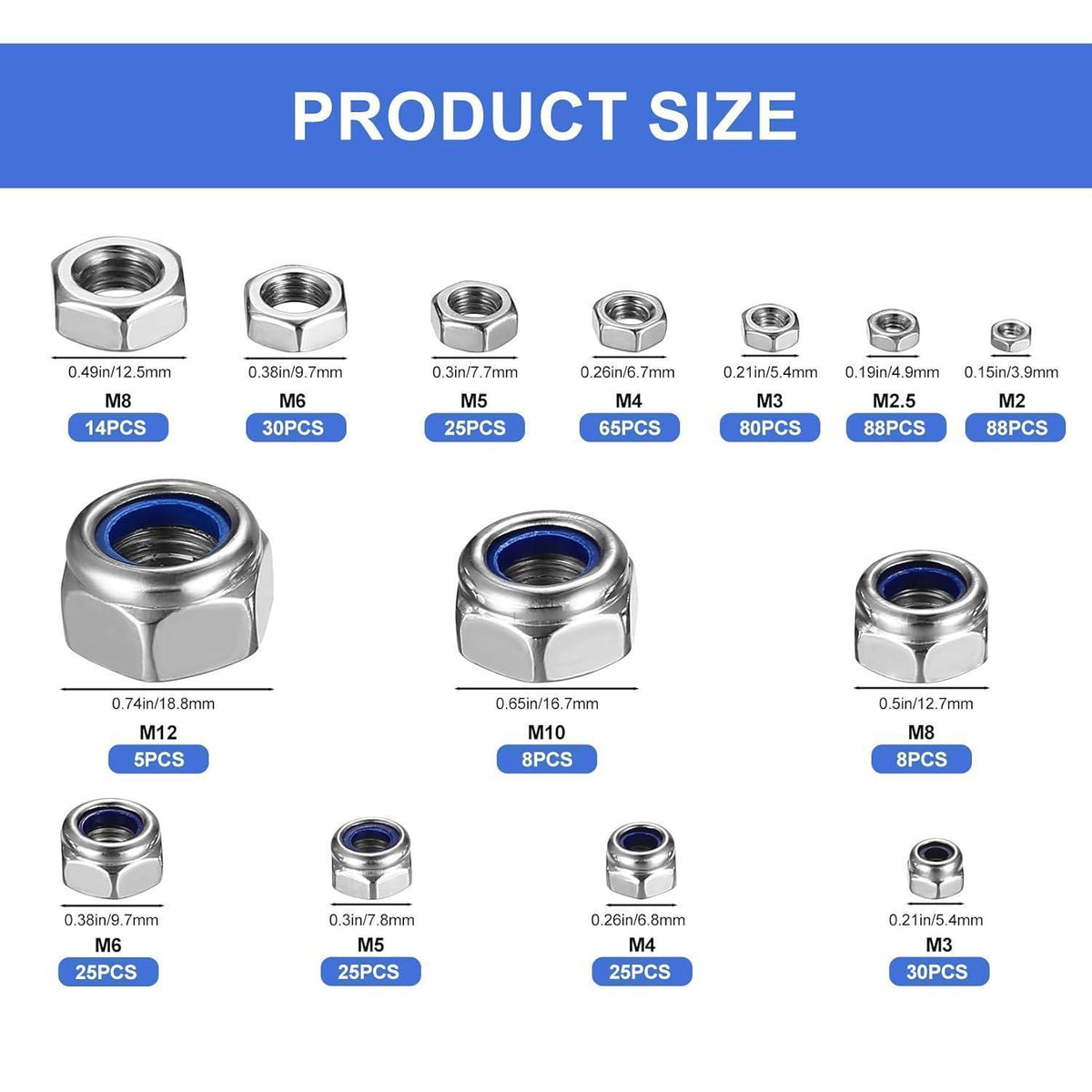 Sechskantmuttern Sortiment Edelstahl, 516 Stk. Selbstsichernd M2-M12