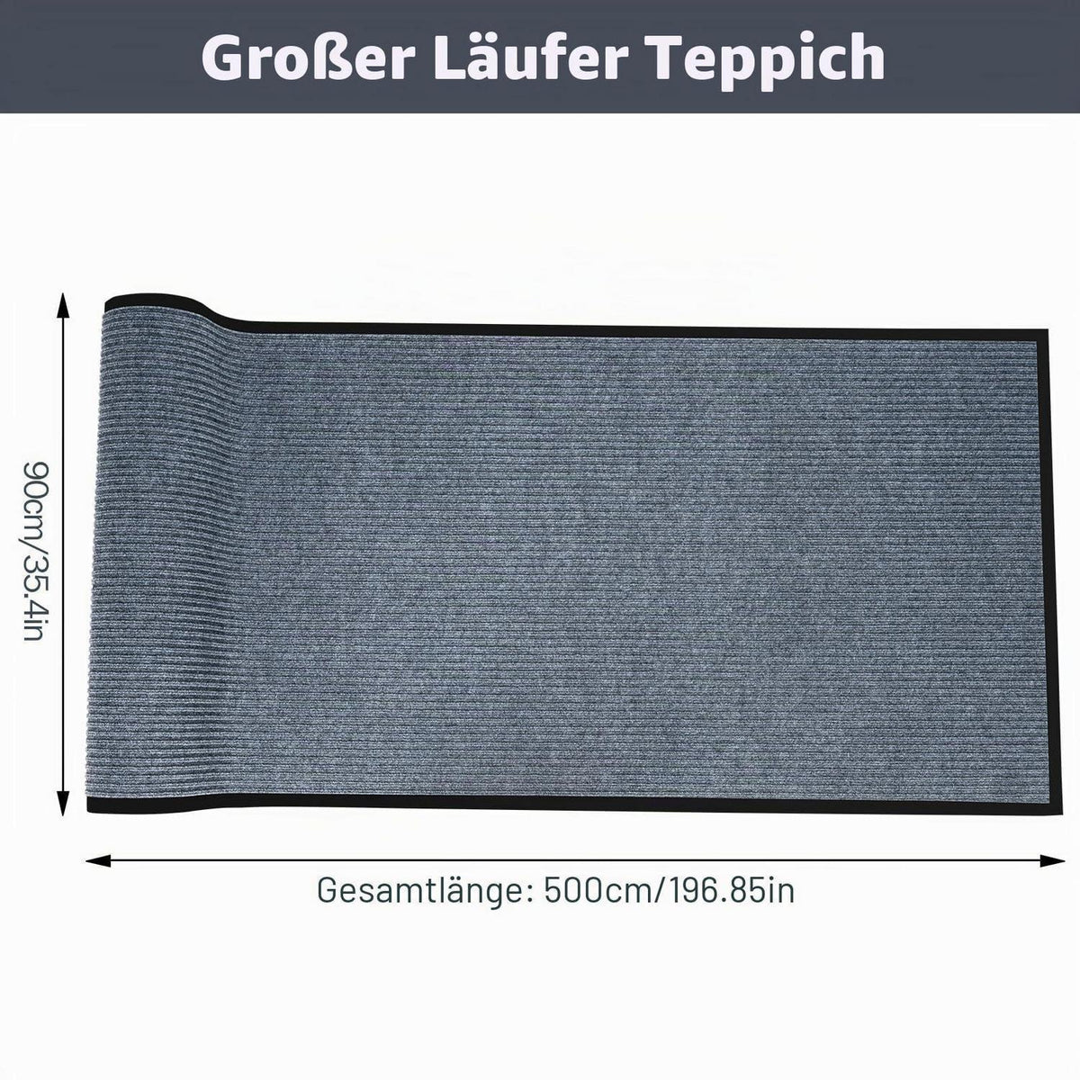 Grauer Teppichläufer 90x500 cm - Rutschfest & Waschbar
