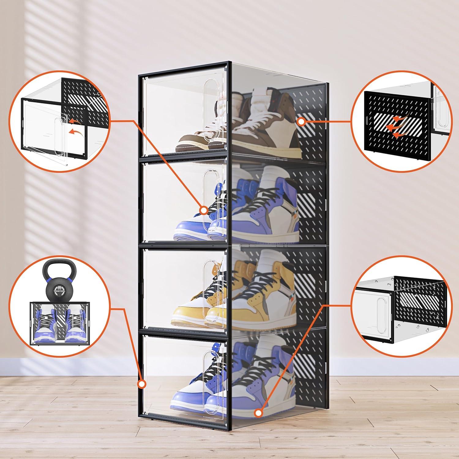 Transparente stapelbare Schuhboxen magnetische Tür 12er Set Schwarz