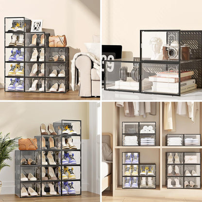 Transparente stapelbare Schuhboxen magnetische Tür 12er Set Schwarz