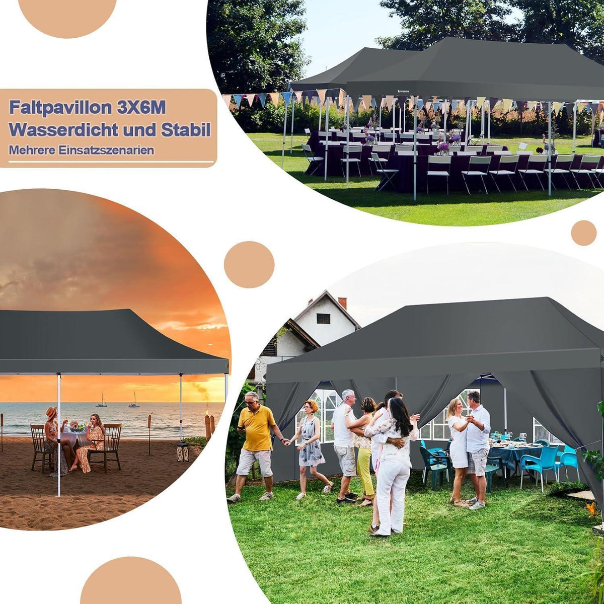 3x6m Faltpavillon Wasserdicht mit Seitenwänden – Partyzelt für Garten