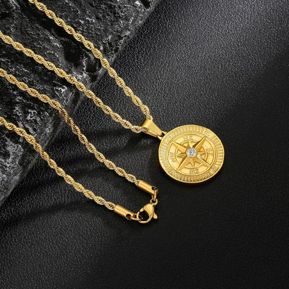 Herren Kompass Anhänger Kette 18K vergoldet Edelstahl 55,9cm Goldkette
