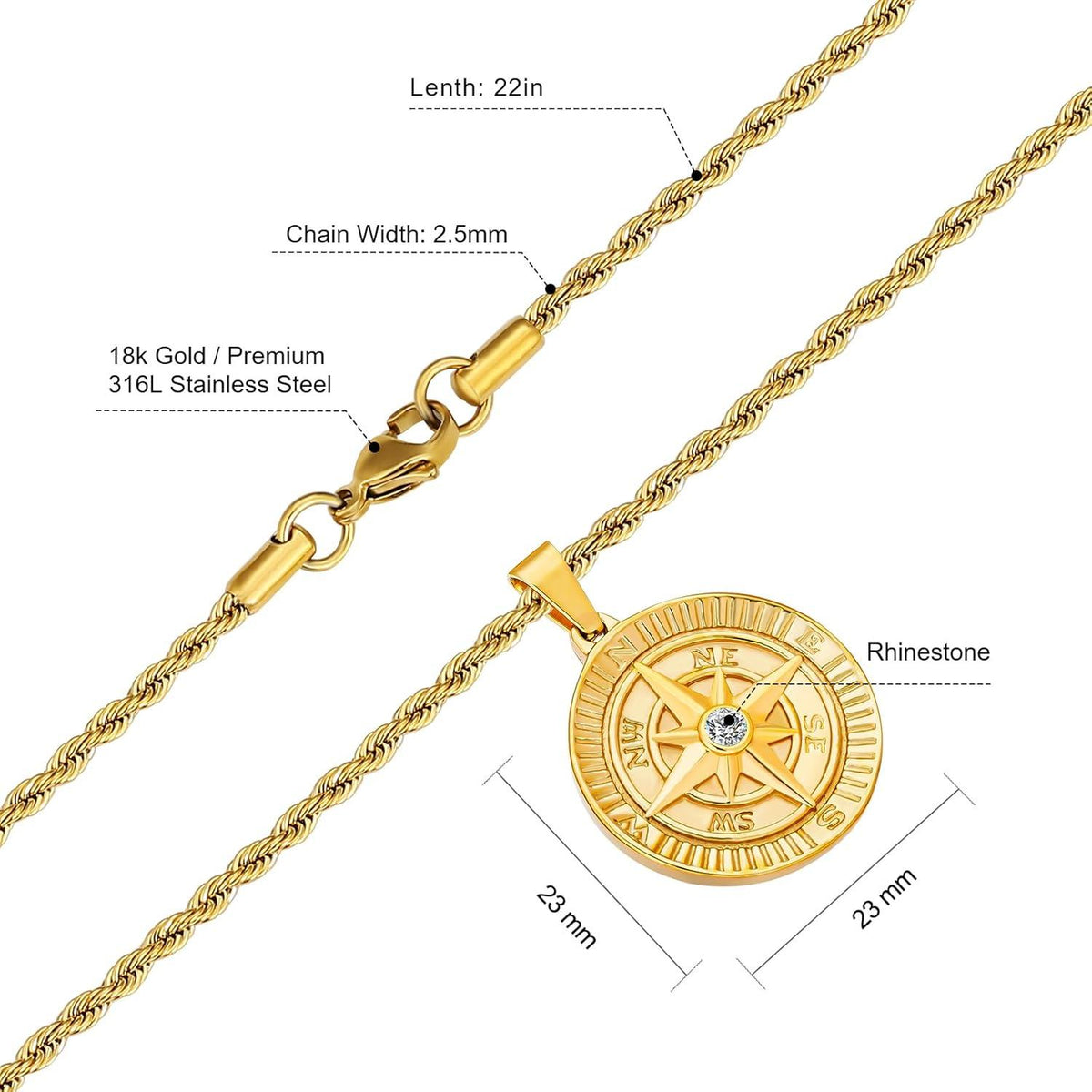 18K vergoldete Herren Kompass Kette 55,9cm Zirkonia Anhänger