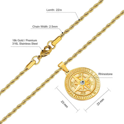 18K vergoldete Herren Kompass Kette 55,9cm Zirkonia Anhänger
