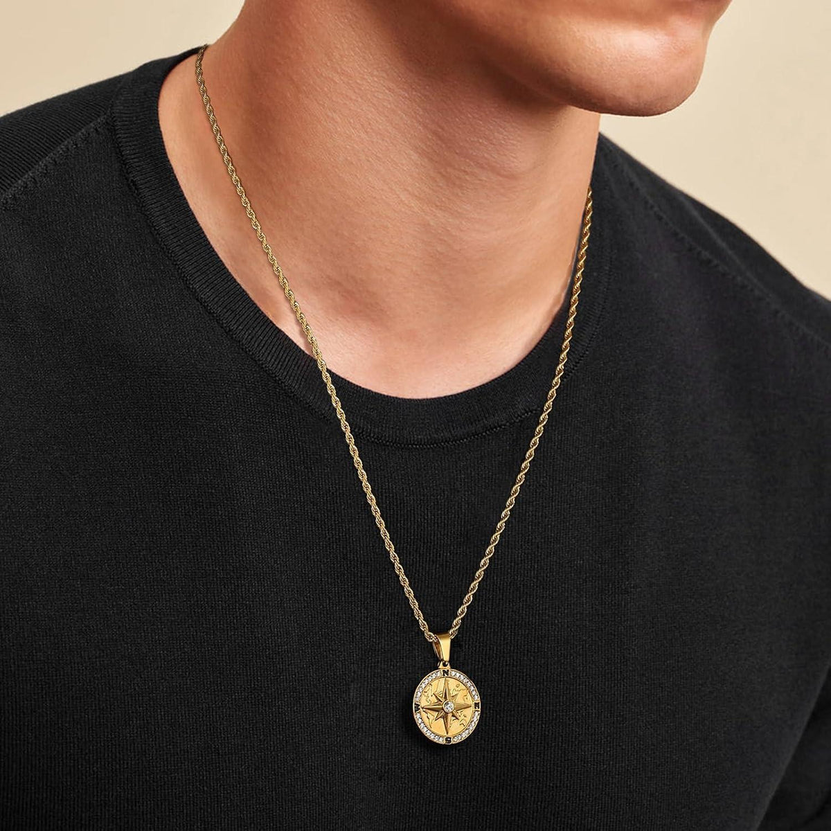 Kompass Anhänger Kette 2,5mm Goldkette 55,9cm Edelstahl Siegelring