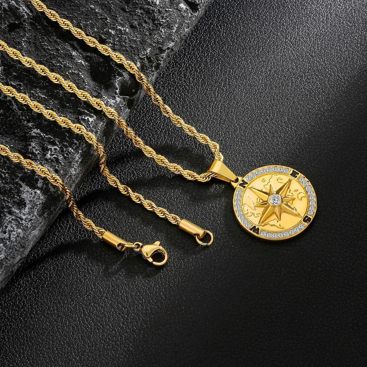 Herren Kompass Anhänger Kette 18K vergoldet 55,9cm Golden Landkarte