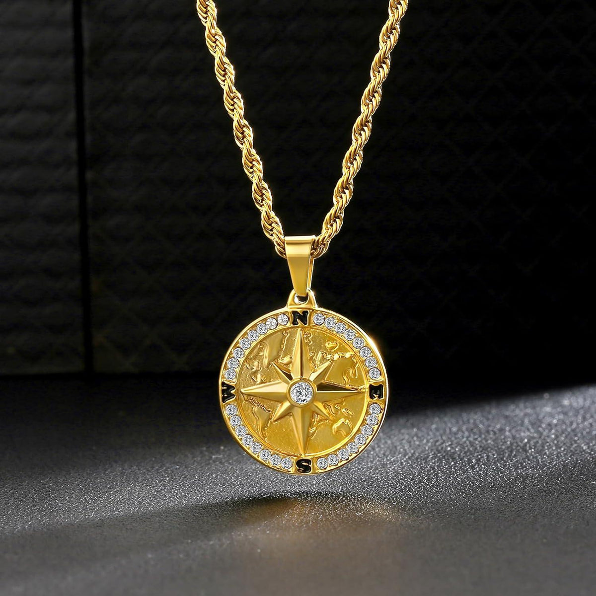 Herren Kompass Anhänger Kette 18K vergoldet 55,9cm Golden Landkarte