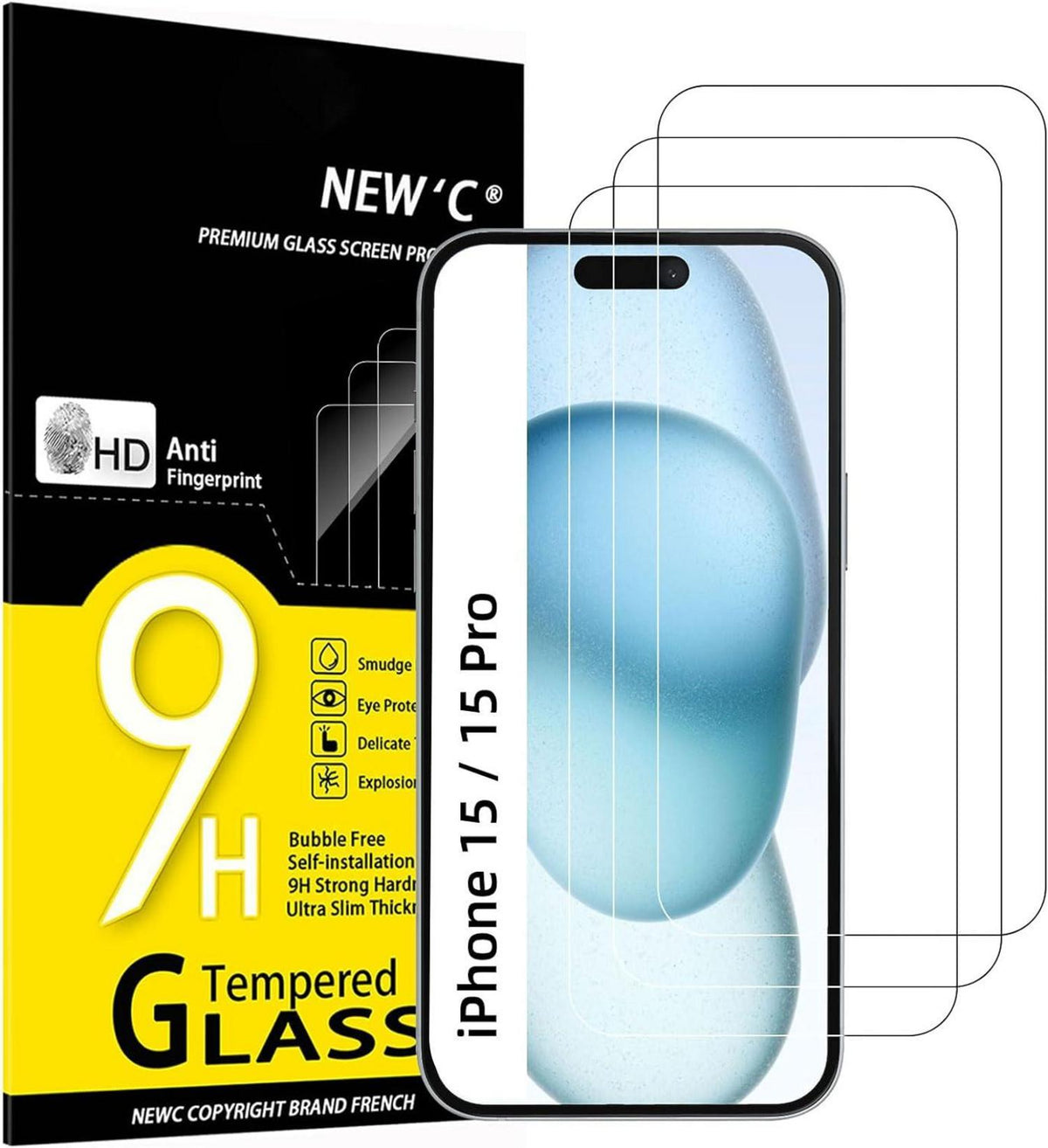 Panzer Schutzglas für iPhone 16/15 Pro 6,1 Zoll, 3 Stück