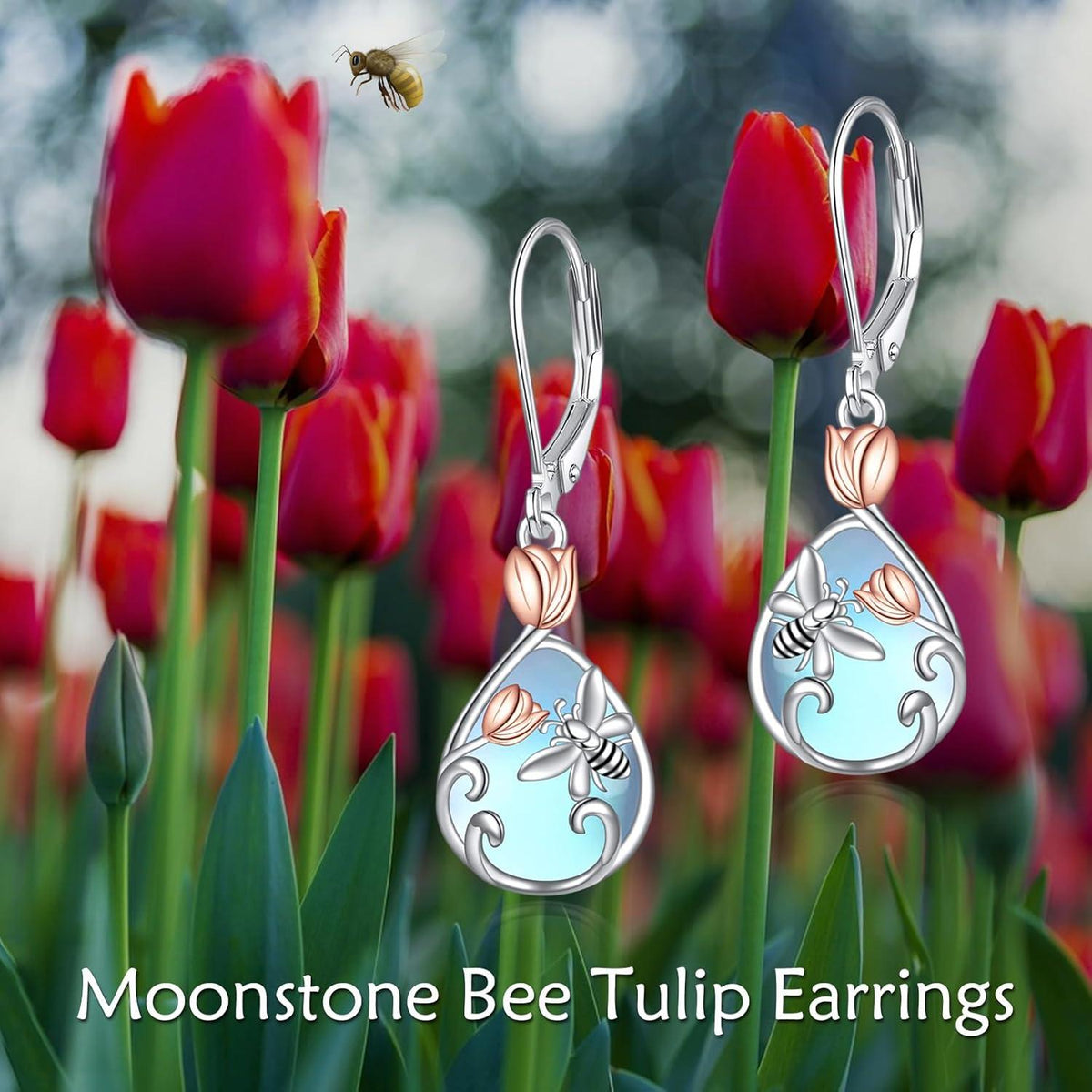 925 Sterling Silber Bienen Ohrringe Tulpe Mondstein Damen Schmuck