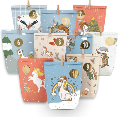 Adventskalender Einhorn Motiv 24 bedruckte Tüten zum Befüllen