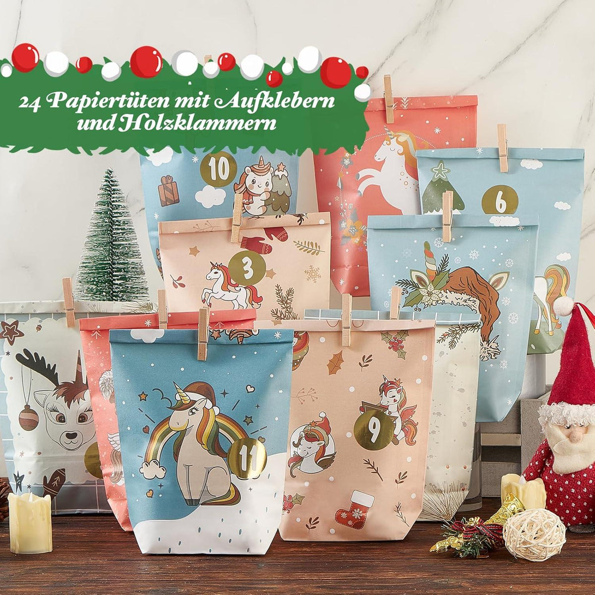 Adventskalender Einhorn Geschenktüten 24-teilig - Kraftpapier - Basteln und Verschenken