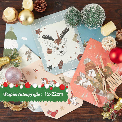Adventskalender Einhorn Tüten 24 bedruckte Geschenktüten Zahlenaufkleber
