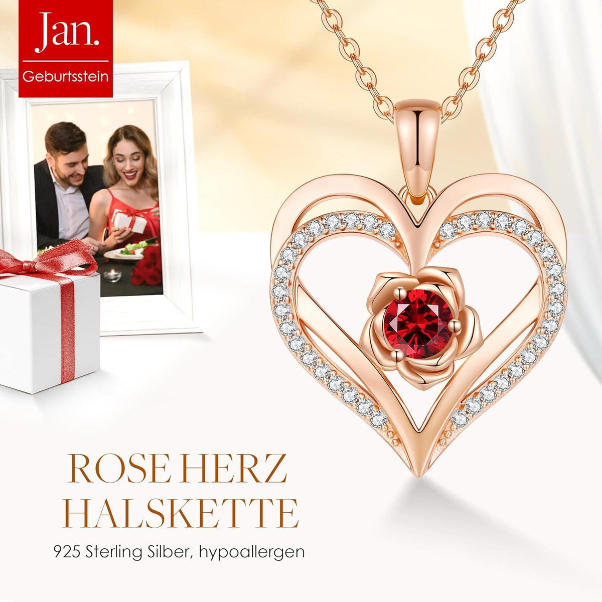925 Sterling Silber Rosegold Herz Geburtsstein Halskette