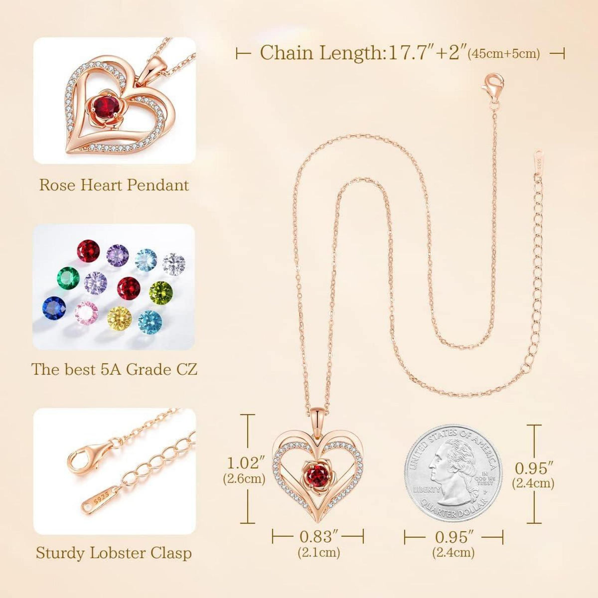 CDE Rosegold Herz Halskette 925 Sterling Silber Geburtsstein für Frauen